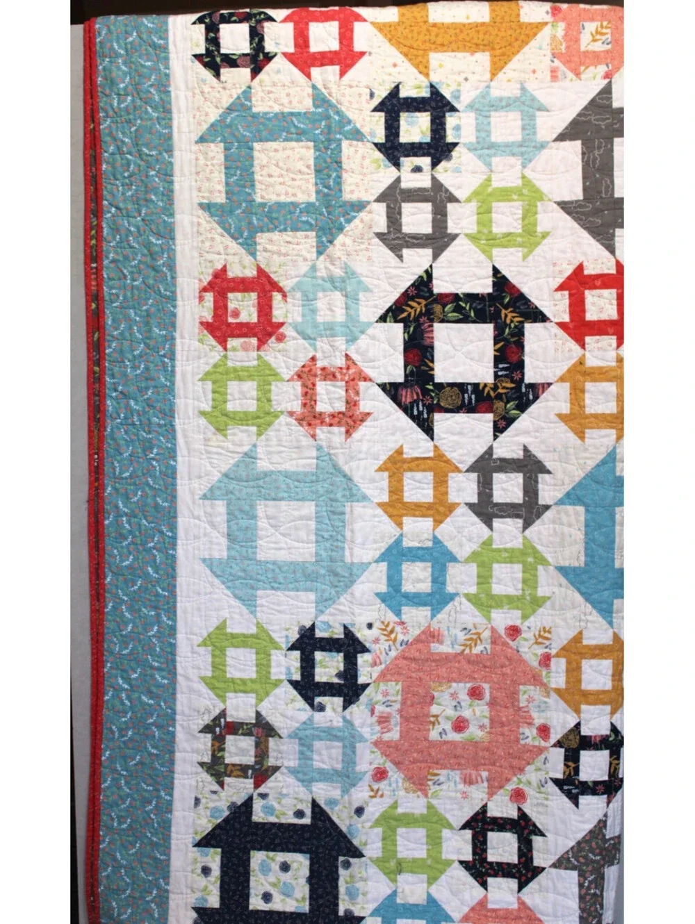 Vtg Handmade Pieced Quilt Classic Mini Churn Dash Fall Theme Queen 68x78